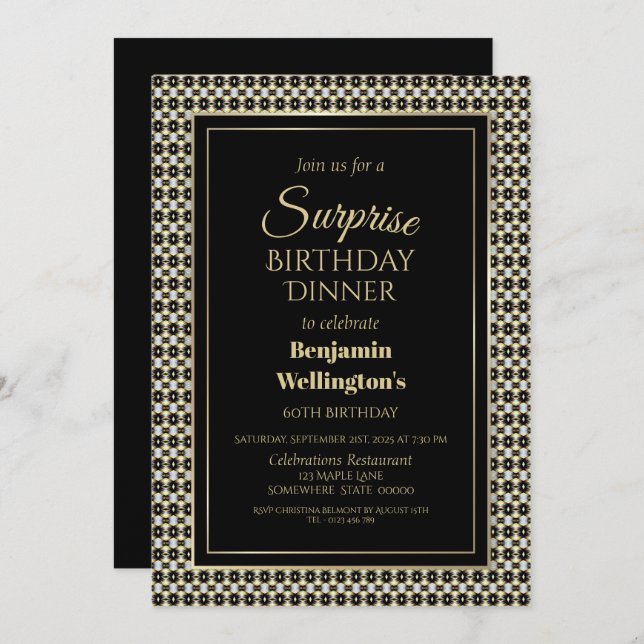 Black White and Gold Surprise 60th Birthday Dinner Invitation (Front/Back)
