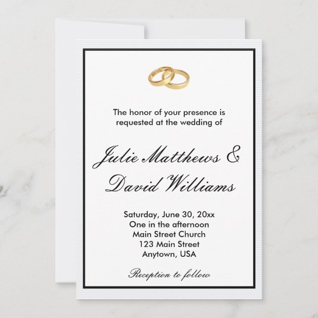 Black, White and Gold Wedding Rings Invitation (Front)