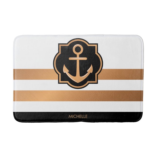 Black White and Golden Stripes Bath Mat (Front)