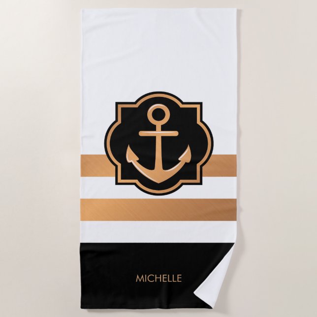 Black White and Golden Stripes Beach Towel (Front)