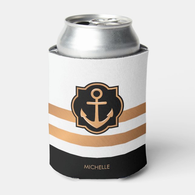 Black White and Golden Stripes Can Cooler (Can Front)