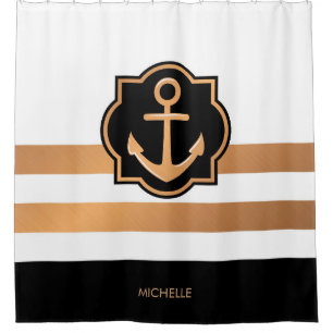 Black White and Golden Stripes Shower Curtain
