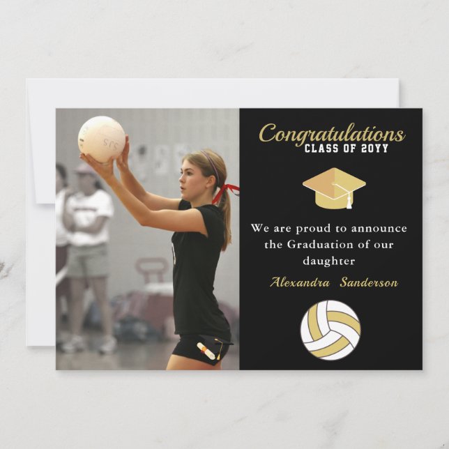 Black White and Golden Volleyball graduation  Announcement (Front)