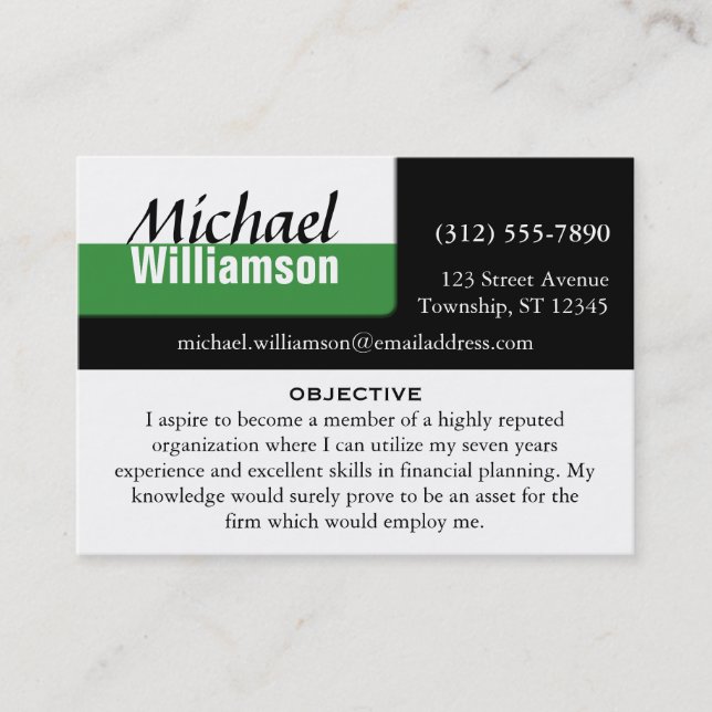 Black White and Green Corner RESUME Cards (Front)