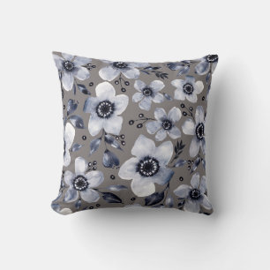 Black, White, and Grey Anemones Floral on Beige Cushion