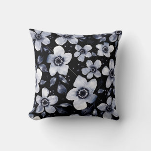 Black, White, and Grey Anemones Watercolor Floral Cushion