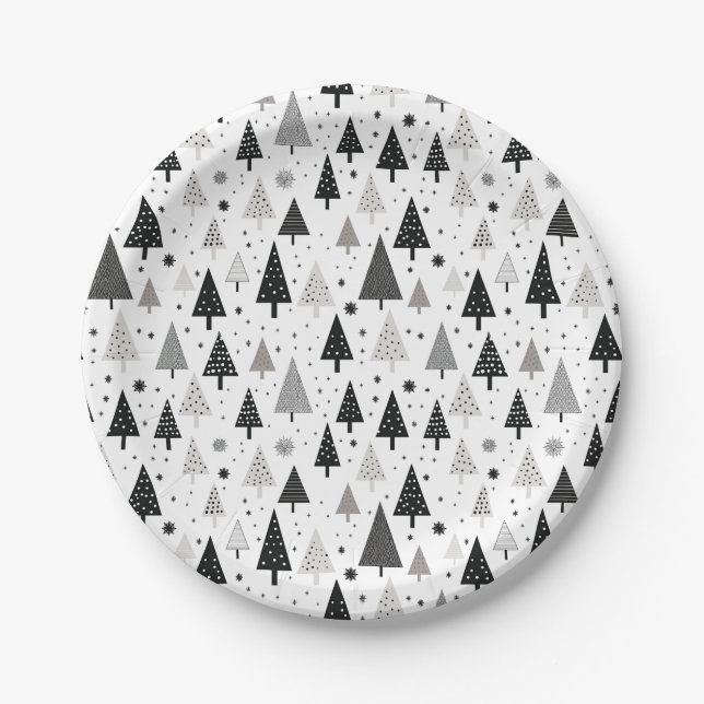 Black, White and Grey Christmas Tree Pattern Paper Plate (Front)