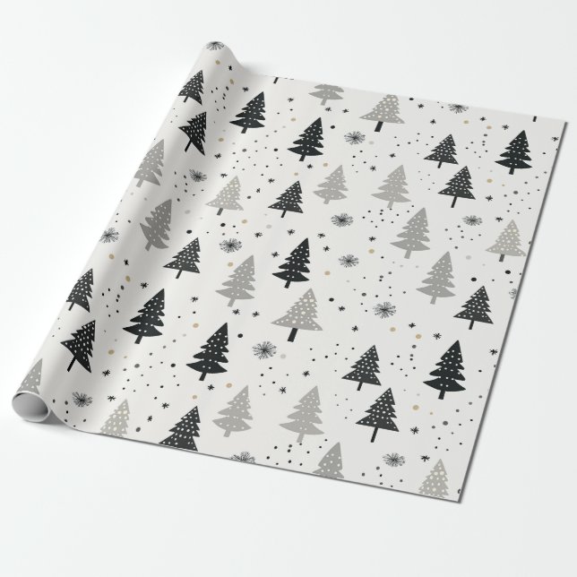Black, White and Grey Christmas Tree Pattern Wrapping Paper (Unrolled)