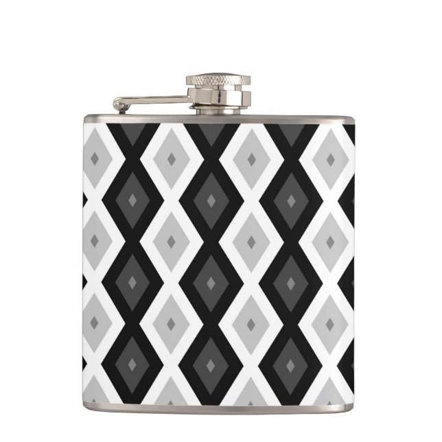Black, white and grey diamond pattern hip flask (Front)