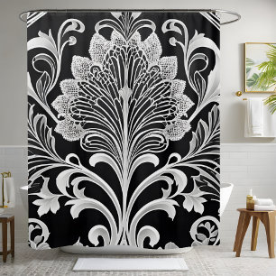 Black White and Grey Flower Shower Curtain 