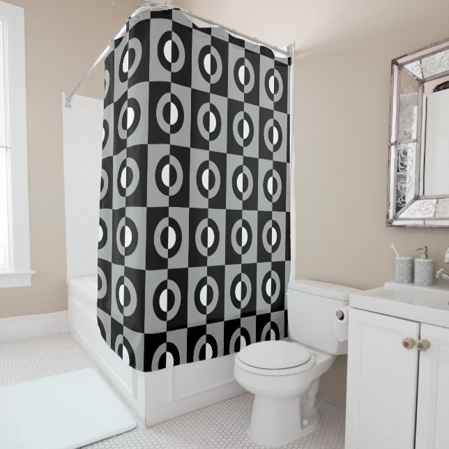 Black, White and Grey Geometric Pattern Shower Curtain (In Situ)