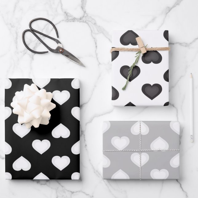 Black White and Grey Hearts  Wrapping Paper Sheet (Front)