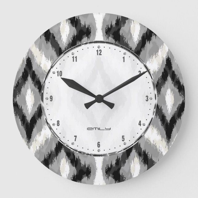 Black White And Grey Ikat Geometric Pattern Large Clock (Front)