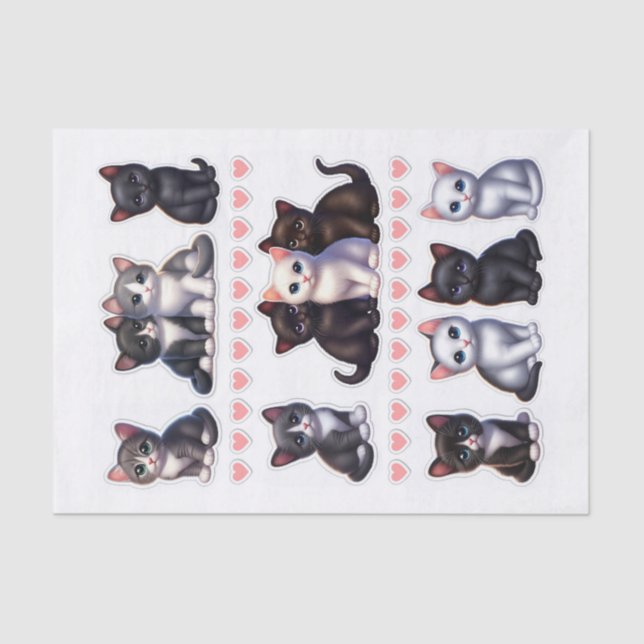 Black, White, and Grey Kitten Illustrations Tissue Paper (Front)