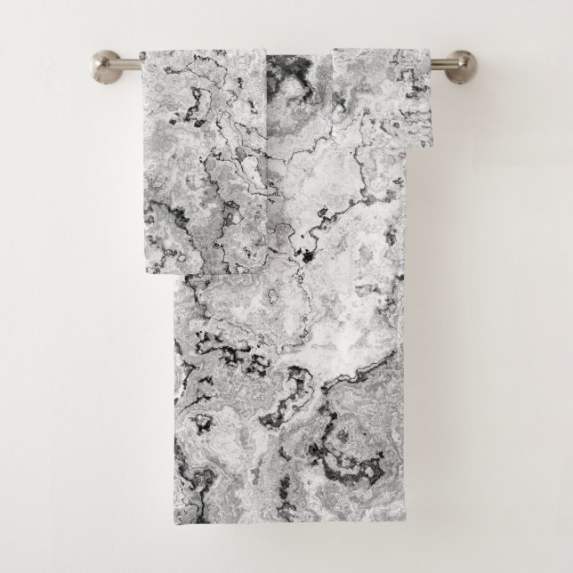 Black, White, and Grey Marble abstract Bath Towel Set (Insitu)