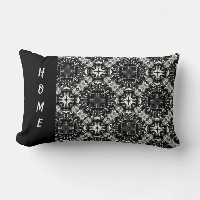Black, White, and Grey Ruffled Mandalas Pattern Lumbar Cushion (Front)