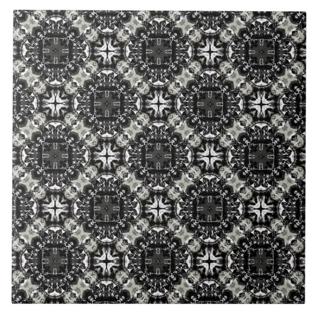 Black, White, and Grey Ruffled Mandalas Pattern Tile (Front)