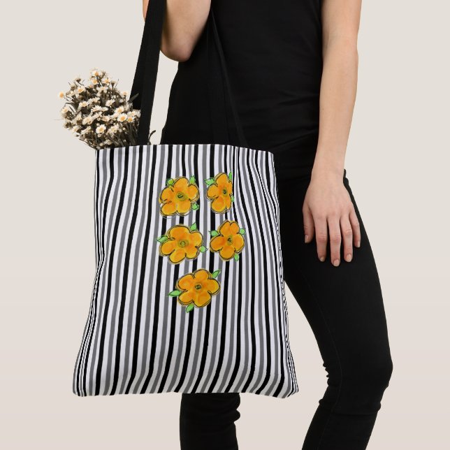 Black White and Grey Stripe Tote Bag (Close Up)