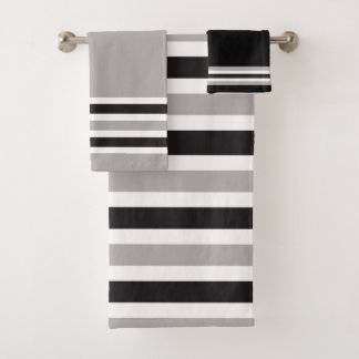 Black, White and Grey Striped Alternating Pattern Bath Towel Set