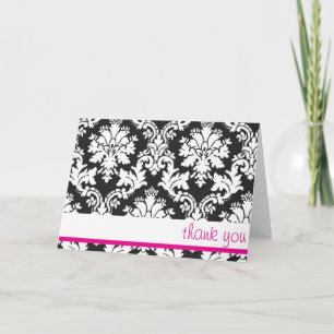 black white and hot pink damask thank you card
