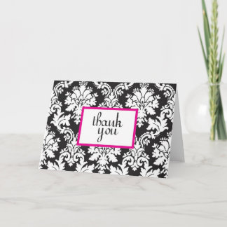 black white and hot pink damask thank you card 2