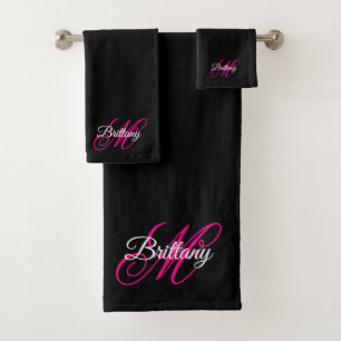 Black White and Hot Pink Fancy Script Monogram Bath Towel Set