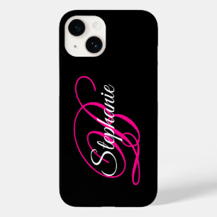 Black White and Hot Pink Fancy Script Monogram Case-Mate iPhone 14 Case