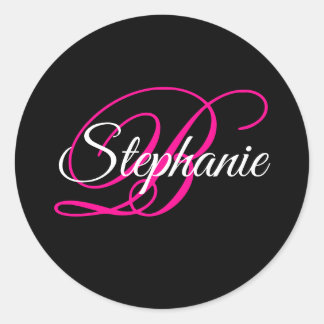 Black White and Hot Pink Fancy Script Monogram Classic Round Sticker
