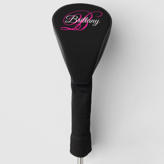 Black White and Hot Pink Fancy Script Monogram Golf Head Cover (Front)
