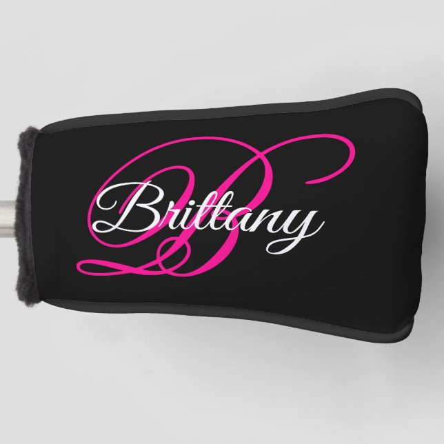 Black White and Hot Pink Fancy Script Monogram Golf Head Cover (Front)