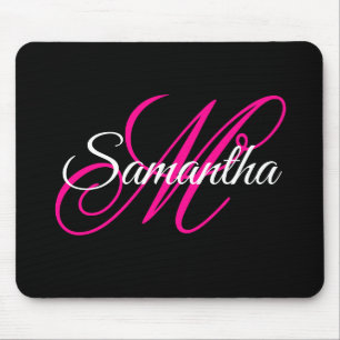 Black White and Hot Pink Fancy Script Monogram Mouse Mat