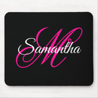 Black White and Hot Pink Fancy Script Monogram Mouse Mat