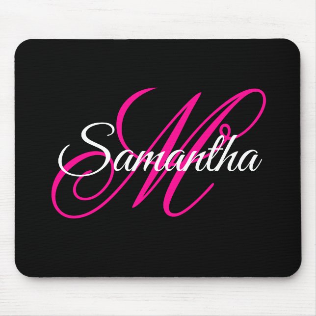 Black White and Hot Pink Fancy Script Monogram Mouse Mat (Front)