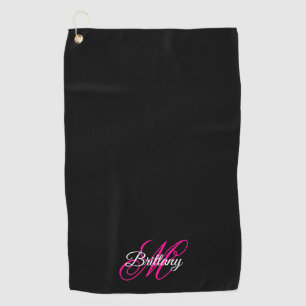 Black White and Hot Pink Fancy Script Monogrammed Golf Towel