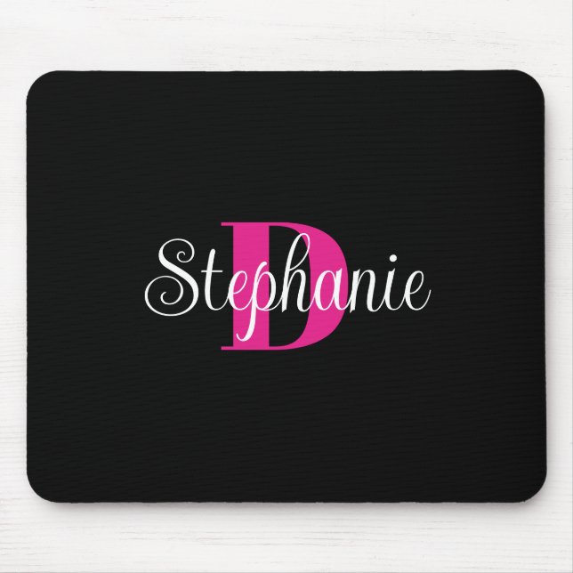 Black White and Hot Pink Girly Modern Monogram Mouse Mat (Front)