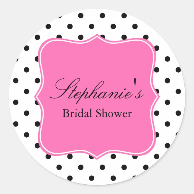 Black, White and Hot Pink Polka Dot Bridal Shower Classic Round Sticker (Front)