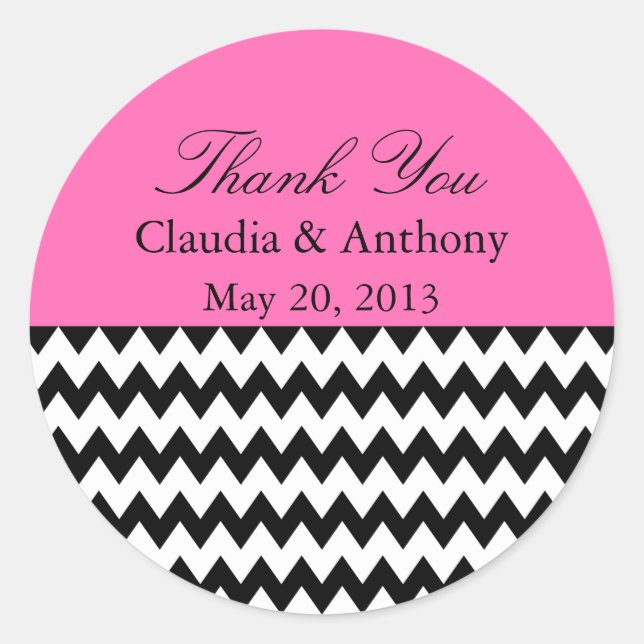 Black, White and Hot PinkZigzag Wedding Thank You Classic Round Sticker (Front)