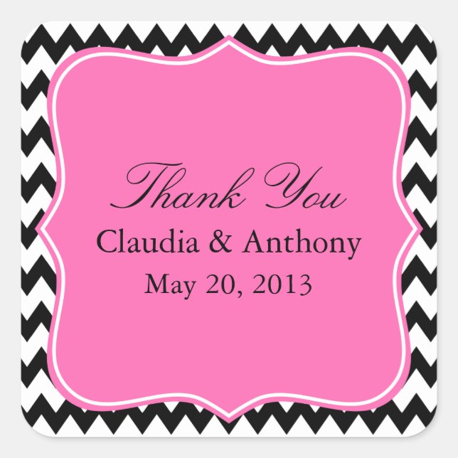 Black, White and Hot PinkZigzag Wedding Thank You Square Sticker (Front)