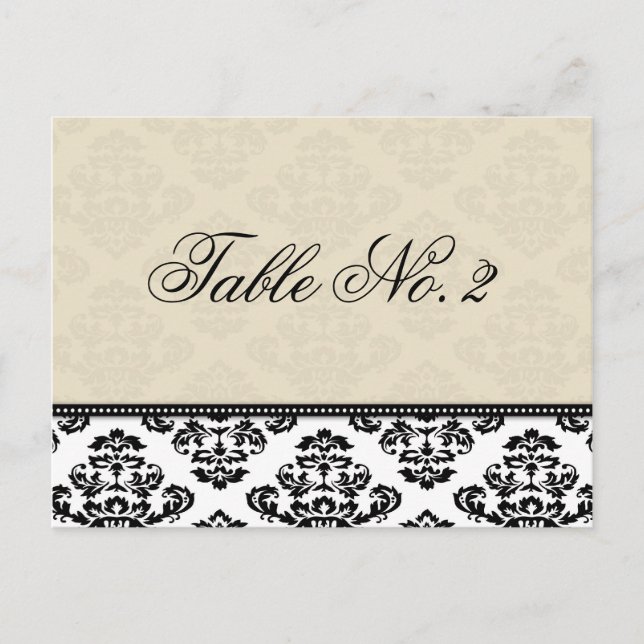 Black White and Ivory Damask Wedding Table Number Postcard (Front)