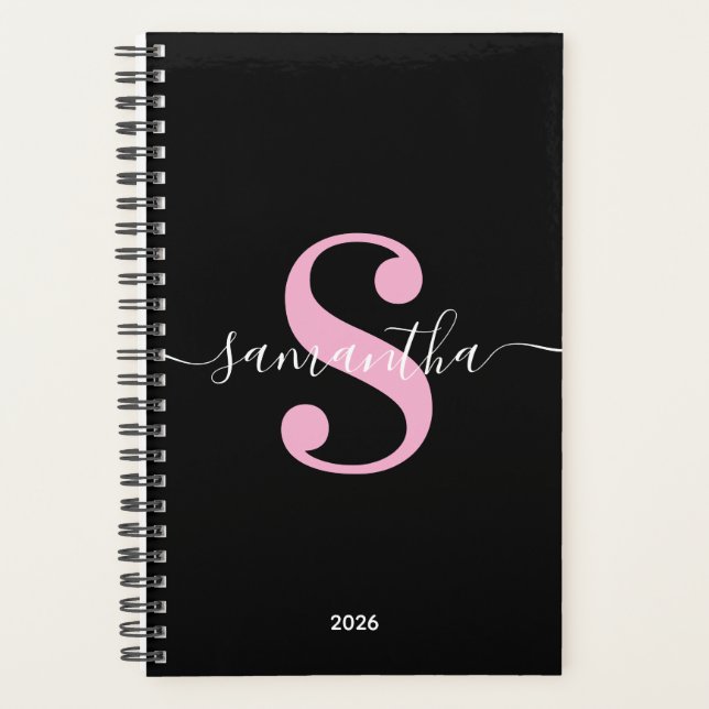 Black White and Light Pink Modern Monogram Planner (Front)