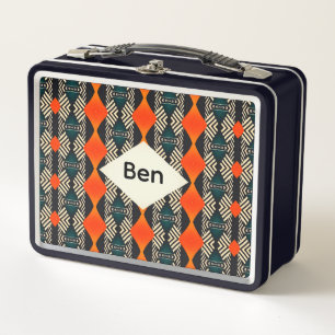Black White and Orange Ethnic Geometric Pattern Metal Lunch Box