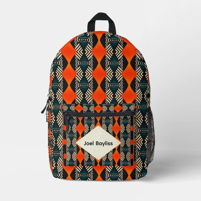Black White and Orange Ethnic Geometric Pattern Printed Backpack (Front)