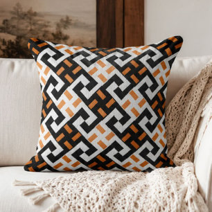 Black White and Orange Geometric Greek Key Cushion
