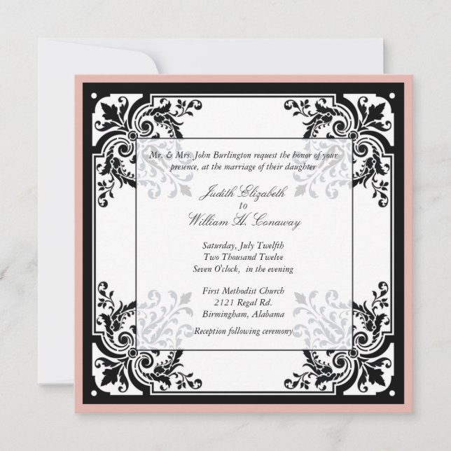 Black, White, and Peach Baroque Wedding Invitation (Front)