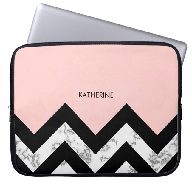 Black White and Pink Chevrons Laptop Sleeve (Front)