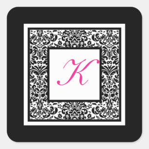 Black, White, and Pink Damask Monogram Sticker