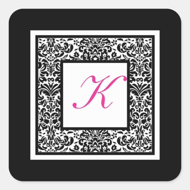 Black, White, and Pink Damask Monogram Sticker (Front)
