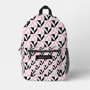 Black, White and Pink Geometric Pattern Printed Backpack