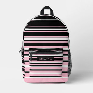 Black, White and Pink Horizontal Line Printed Backpack