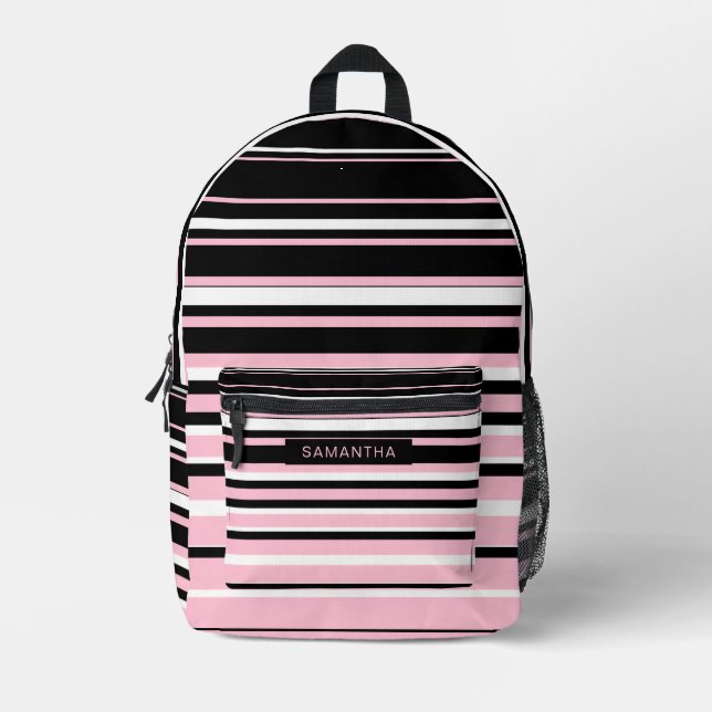Black, White and Pink Horizontal Line Printed Backpack (Front)